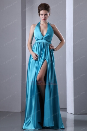 Beautiful Halter Azure Prom Dress A-line Skirt With Front Split