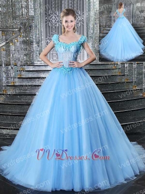 Light Blue See Through Bodice Court Train Sexy Quinceanera Ball Gown 2019 Summer