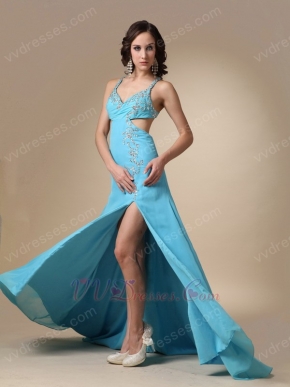 Spaghetti Straps Cross Back Side Split Aqua Woman In Prom Dress