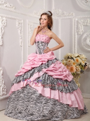 Romantic Pink Taffeta Quince Dress With Zebra Layers Skirt