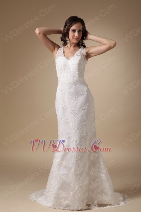 Beautiful V-neck Custom Made Lace Wedding Dress Slender