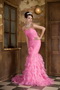 Mermaid Hot Pink Organza Ruffles Prom Dress With Hand Made Flower Inexpensive